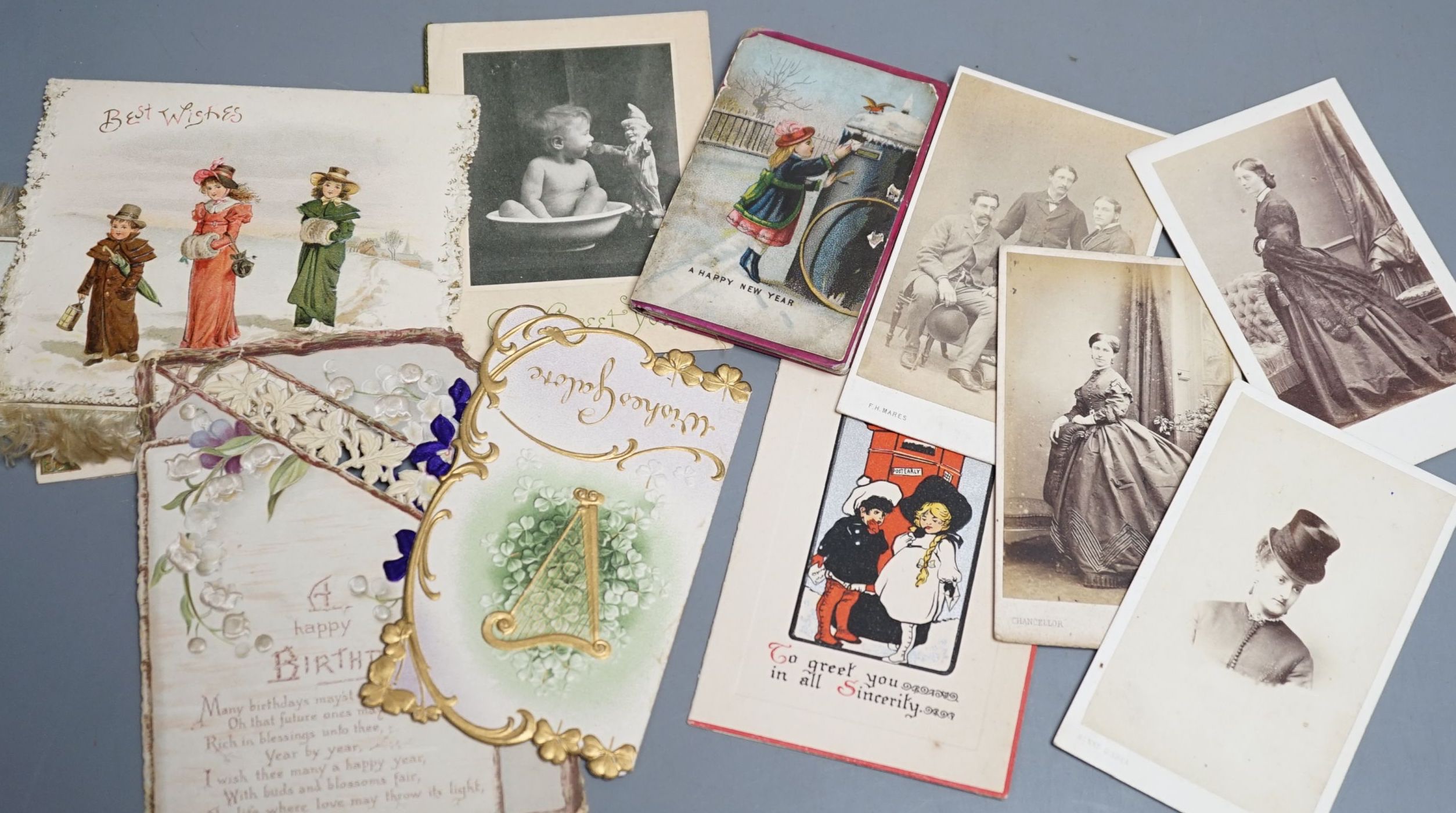 Victorian and later greetings cards, stamps etc